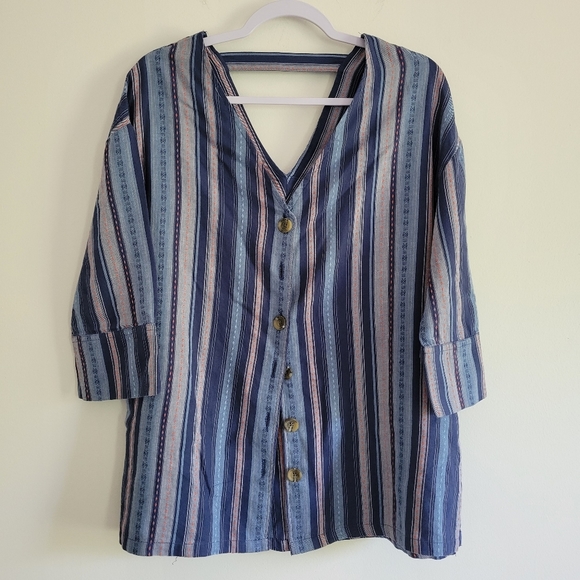 Anthropologie RD+Koko‎ Blue Striped 3/4 Sleeve V Neck Blouse Top Size M - Picture 2 of 10